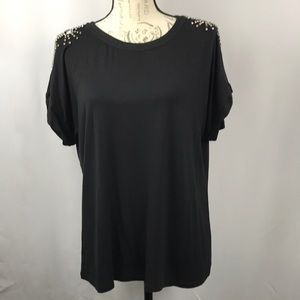 Catherine Malandrino Glam Rhinestone Shoulder Black Blouse